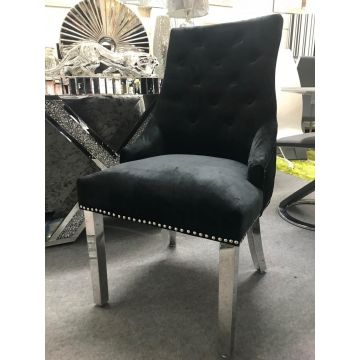 Pair of Luxury Black Velvet Dining Chairs with Door Knocker and Chrome Leg Detail