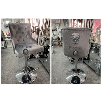 New light grey velvet swivel bar stool with Lion knocker and cross stitch