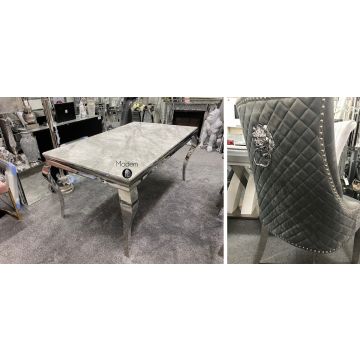 1.8 Louis Marble Dining Table With 6x Grey Lion Knocker Chairs